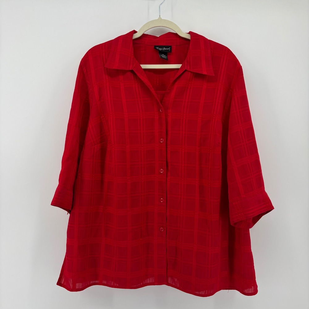 Maggie Barnes Womens‎ 0X Red Button Down Blouse 3/4 Sleeve Tonal Plaid Crinkle